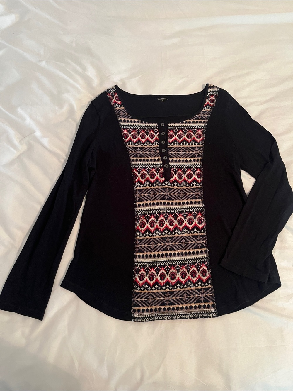 Ruff Hewn Black Long Sleeve Womens Top with Patterned Sweater Front Panel Sz L